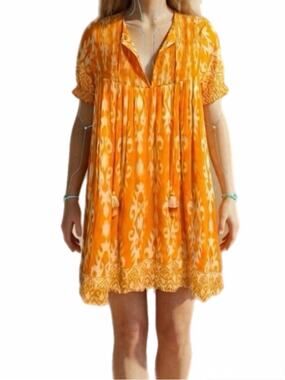 Sal Rosa Orange & White Ikat Print Peasant Mini Dress Size M Like New